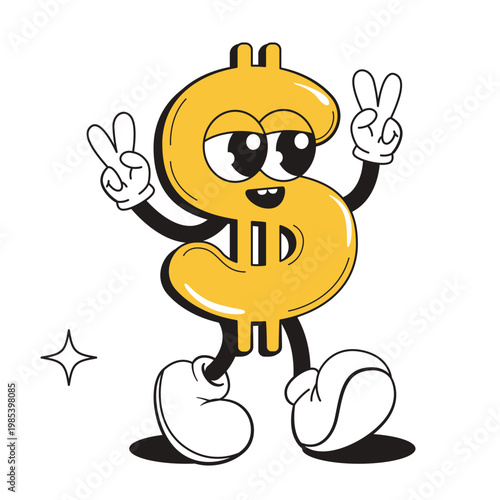 Cartoon money character with peace gestures in bold graphic style on white background for wealth concept. Vector illustration
