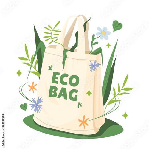 Eco bag surrounded by leaves in flat style on white background, symbolizing sustainability and green living. Vector illustration