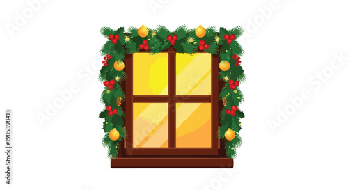 Illustration of a brown window with yellow panes surrounded by Christmas decorations on a white background.