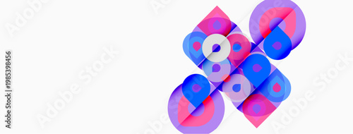 Abstract geometric shapes overlap, creating vibrant blue, pink hues. Minimalist design, modern aesthetic, clean composition.