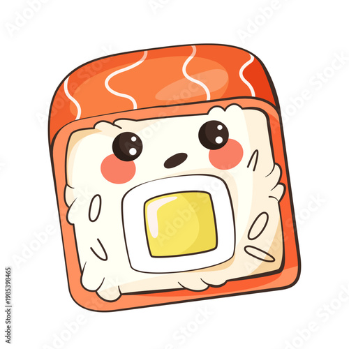 Kawaii sushi character in cartoon style on white background symbolizing fun food concept. Vector illustration