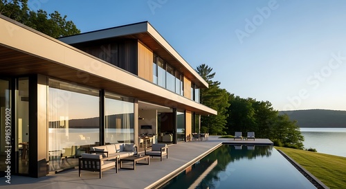 Modern lakefront home with pool