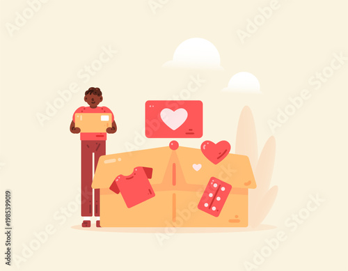The concept of charity, donations, and community support. International Humanitarian Day. Illustration of a donor with boxes filled with relief goods. Providing aid in the form of medicines, clothing