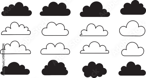 Collection of diverse black cloud shapes and silhouettes on a white background