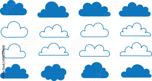 Collection of diverse black cloud shapes and silhouettes on a white background