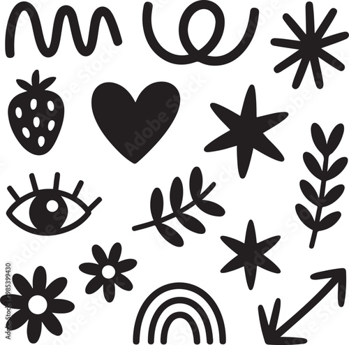 Minimal Black Icon Set Abstract Shapes Symbols Floral Eye Heart Star Vector Collection
