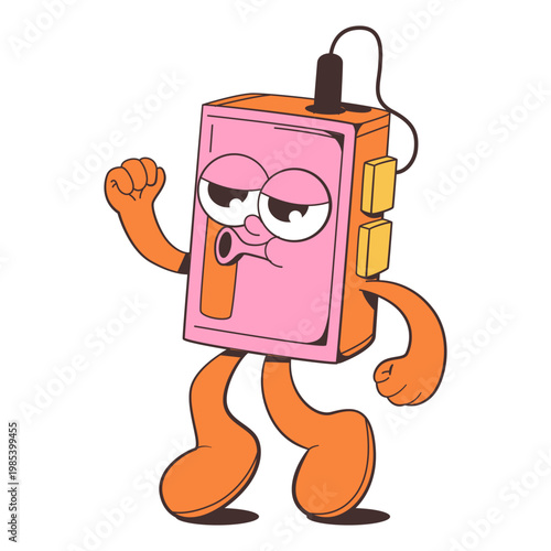 Animated retro gadget character dancing in clean style on white background, symbolizing fun and energy. Vector illustration