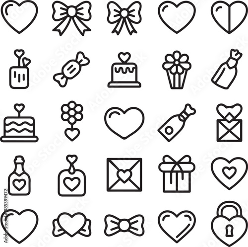 Cute Love Icon Set Heart Gift Cake Bow Romantic Outline Vector Collection
