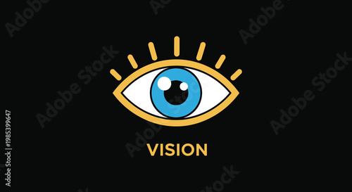 Stylized eye with radiant lines and the word vision silhouette