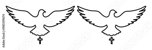 Minimalist dove bird outline with Christian cross, religious peace symbol vector illustration, spiritual holy spirit line art icons for church branding