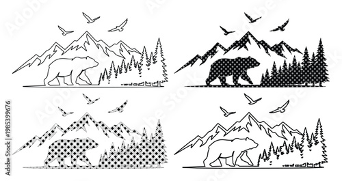 Minimalist mountain bear vector set, wild grizzly bear in forest landscape, rustic outdoor adventure line art, black and white wilderness scene