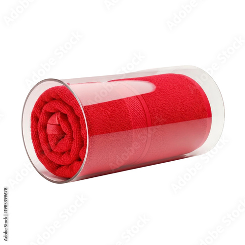 Red towel rolled in clear cylinder