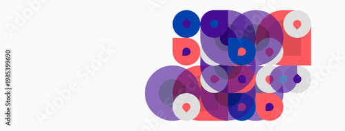 Abstract composition featuring overlapping circles, squares. Colors include purple, blue, pink hues against white background. Modern design element.
