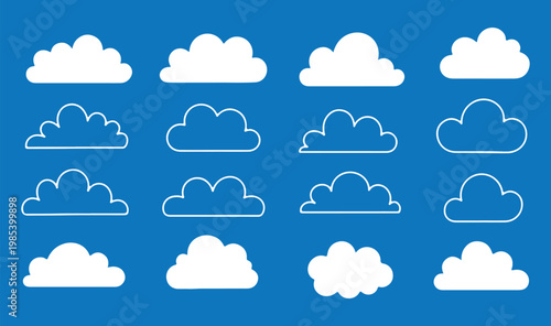 Collection of diverse black cloud shapes and silhouettes on a white background