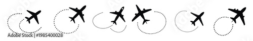  set of black airplane icons with flight paths
