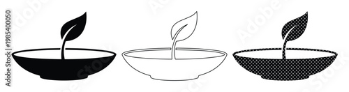 Minimalist bowl with leaf icons, organic food and healthy eating concept vector set, black and white ceramic bowl symbols for restaurant branding