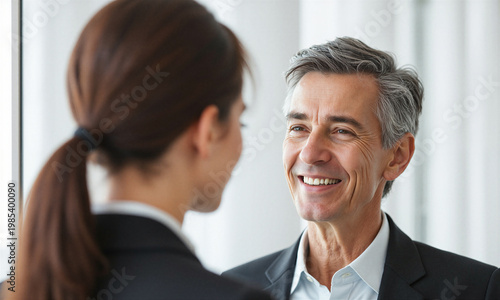 Mentor businessman colleague professional smiling at a young coworker in a bright modern office during a career guidance meeting