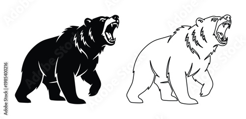 Grizzly bear mascot vector set, aggressive roaring bear silhouette and line art, black and white wildlife predator icons for sports logos and hunting decals