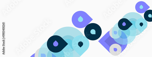 Abstract shapes, circles, squares overlap. Light blue, dark blue, lavender hues create modern design. Minimalist aesthetic.