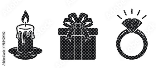 Black silhouette celebration icons, burning candle on holder, gift box with ribbon bow, diamond engagement ring, 3 vector elements for romantic events