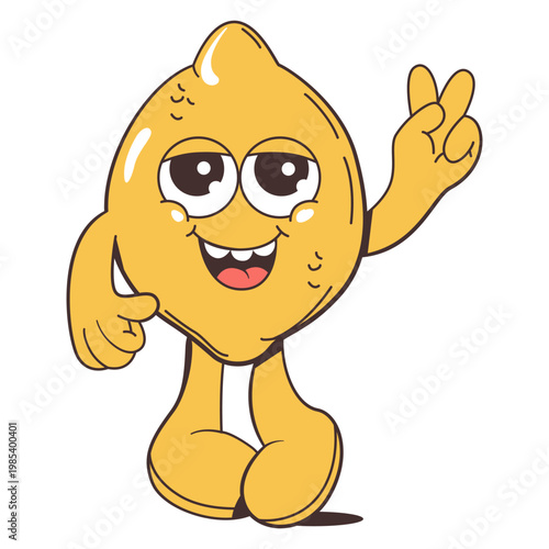 Cartoon lemon fruit character standing on white background showing peace gesture as a fun concept. Vector illustration