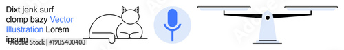Legal systems, communication tools, animal , auditory assistance, equality, technology. A cat outline, microphone icon and balanced scale illustration. Equality and communication tools concept
