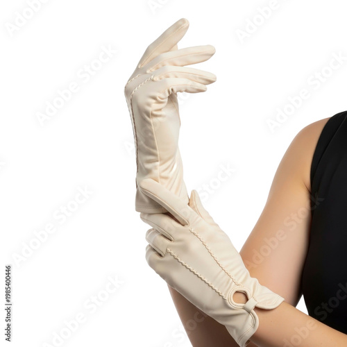 Woman wearing elegant cream opera gloves