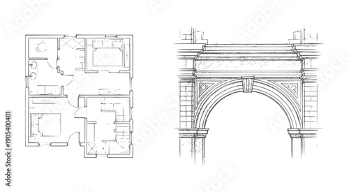 Architectural blueprint of apartment layout and of ornate archway floorplan