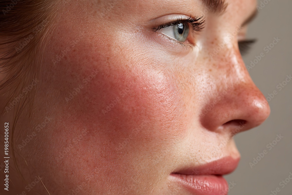 Fototapeta premium side profile female face rosacea redness on cheek area, natural light,