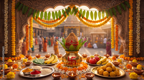 Vibrant Hindu Kalash pooja ceremony with people in the background fruits spices flowers and diyas set against a temple backdrop