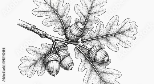 Detailed black and white illustration of an oak branch with acorns and leaves, showcasing botanical accuracy and intricate line work.