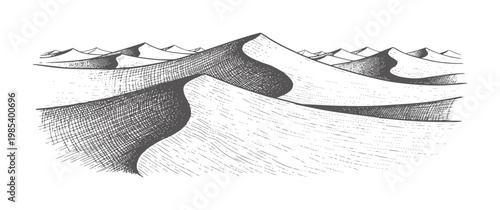 Engraved desert sand dunes landscape with rolling hills