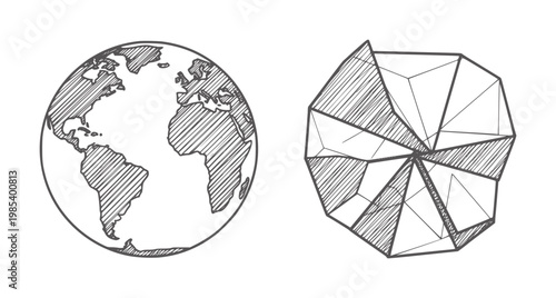 Hand drawn globe and geometric abstract shape white earth continents africa