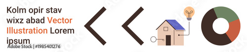 Data visualization, sustainable energy, housing concepts, decision-making, progress tracking, creative solutions. Black arrows, house with bulb pie chart graphics. Data visualization and sustainable