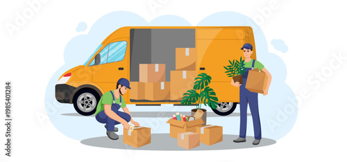Two movers handling boxes near van in flat style on white background, concept of transportation and moving. Vector illustration