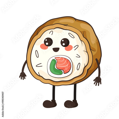 Cute sushi roll character in cartoon style on white background, symbolizing fun food concept. Vector illustration