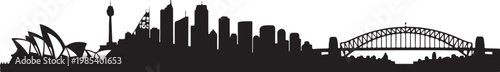 Sydney city skyline, black silhouette, urban landscape, Australia icons
