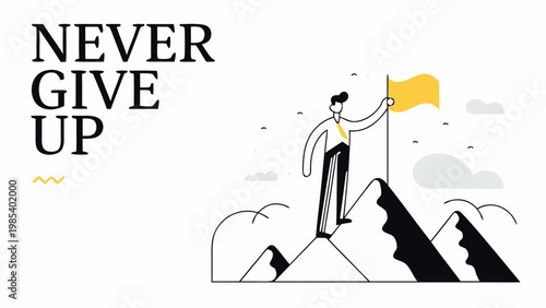 Business professional reaching mountain peak holding golden flag symbolizing never give up motivation concept in minimalist flat vector line art style design