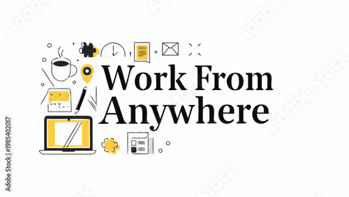 Remote work illustration with laptop and office supplies symbolizing work from anywhere concept