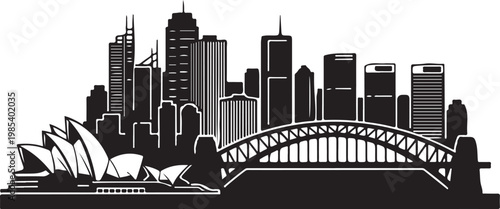 Sydney city skyline, black and white vector illustration, iconic landmarks, urban landscape