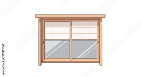 Illustration of a wooden sliding window with shoji screens and a solid bottom panel on a white background.