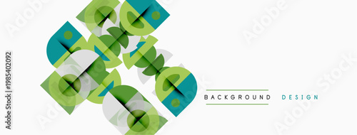 Abstract green design elements overlap white surface. Modern pattern creates dynamic visual texture. Simple, clean aesthetic.