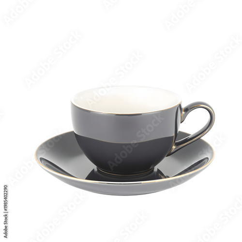 Elegant dark gray teacup and saucer with gold trim isolated on transparent background