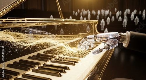 Robotic arm playing piano with audience backdrop