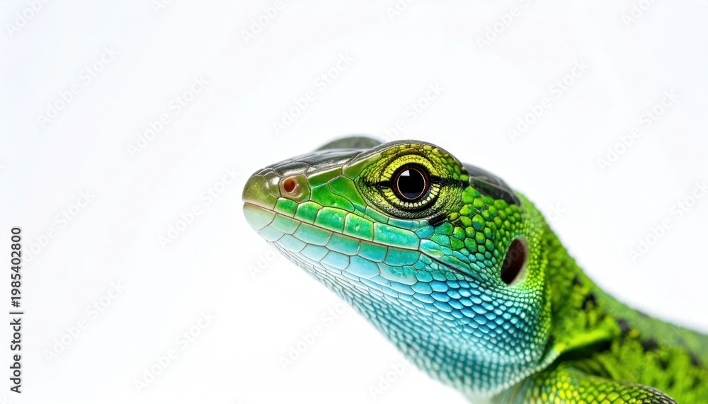 Fototapeta premium Green Lizard Closeup Portrait on White Background.