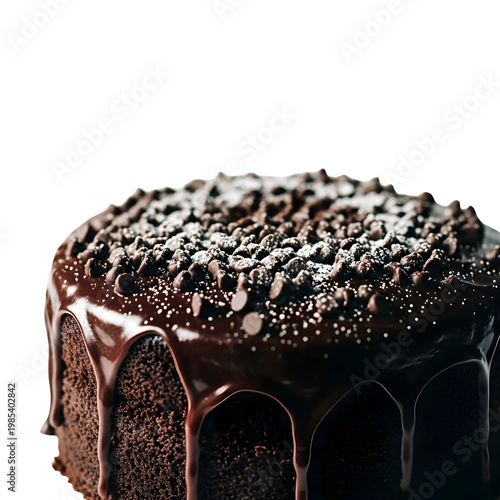 Chocolate cake with drizzled glaze and chocolate chips on transparent background