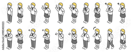 アイソメトリックイラスト：色々なポーズの高校生男女(夏服)