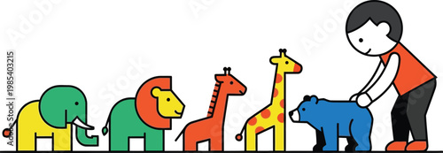 Child organizing colorful toy animals in a line for play or learning