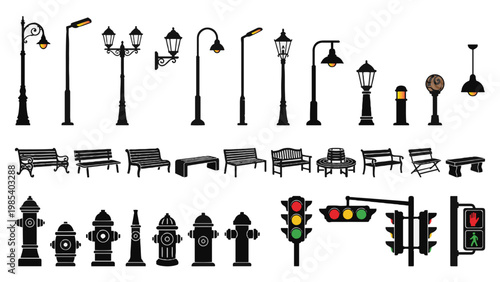 City Street Furniture and Infrastructure Silhouette Set for Urban Planning, Architectural Streetscape Design and Public Space Illustration