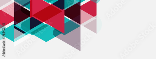 Abstract geometric shapes overlap. Red, teal, pink hues dominate design. Minimalist composition, clean lines present modern aesthetic.